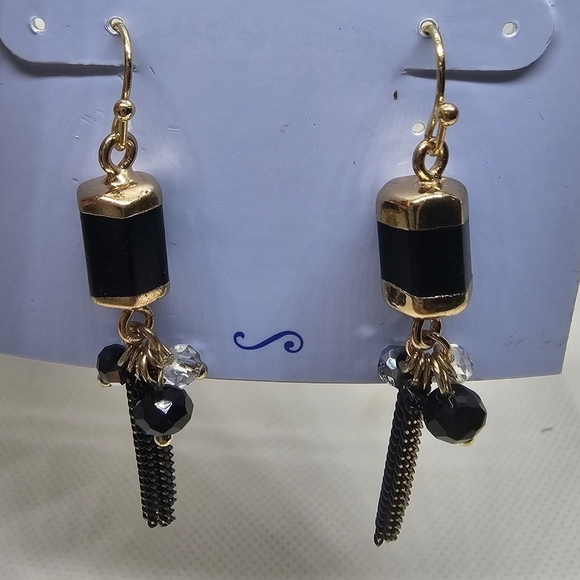 NWT Black and gold metallic tassel dangle earrings - Picture 2 of 2